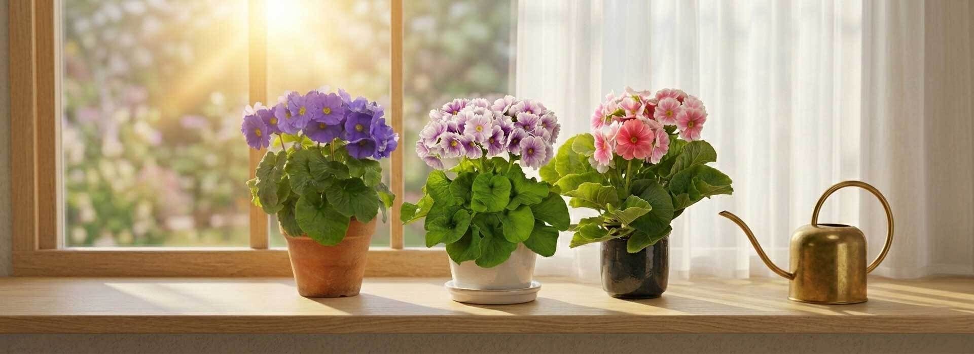 Becherprimeln auf Fensterbank mit Gießkanne