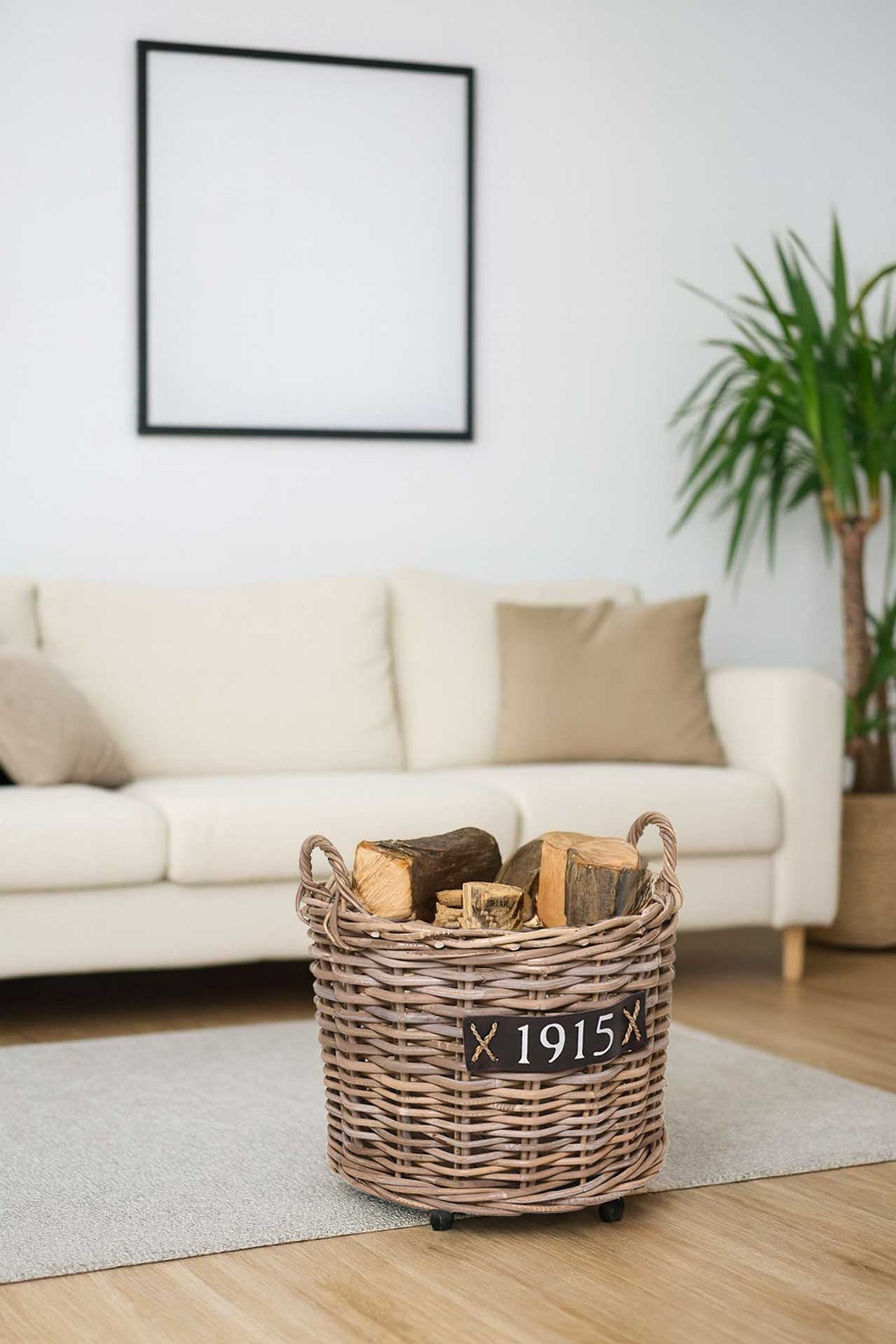 Holzkorb Kaminholzkorb Rattan auf Rollen ARRIBA Grau Natur