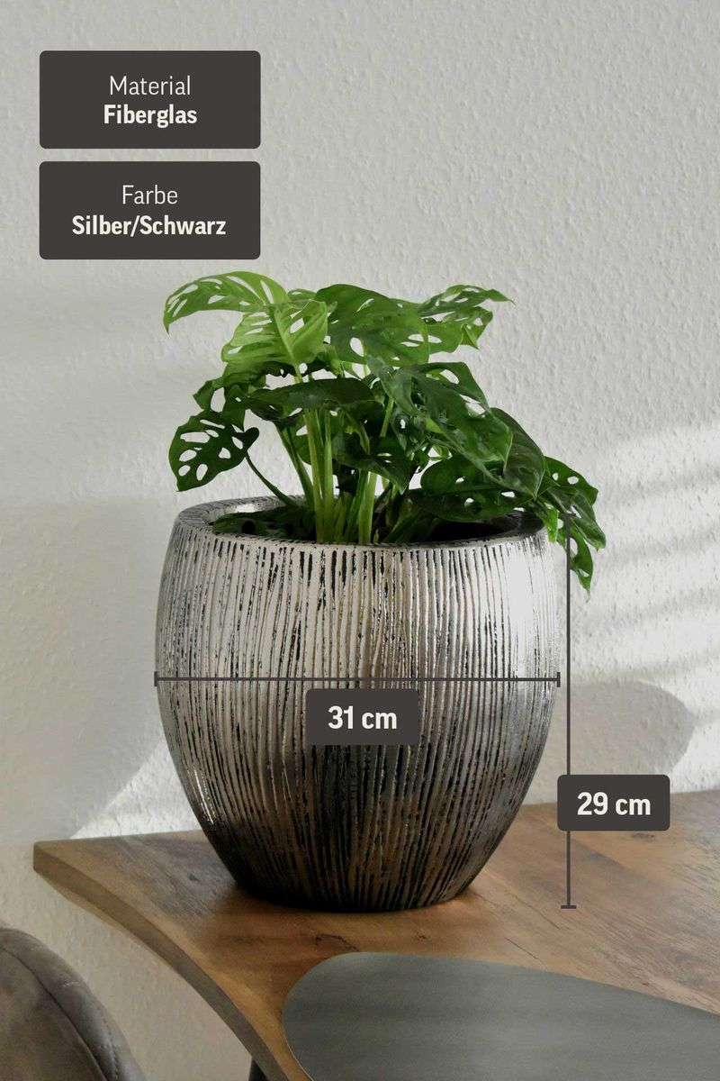 Blumentopf Pflanzkübel Fiberglas Silber Schwarz geriffelt CAIRO | 28x29 cm | 71311929313