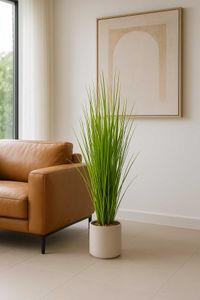 Kunstgras Grasarrangement im cremefarbenen Kunststofftopf mit Blüten PASTO