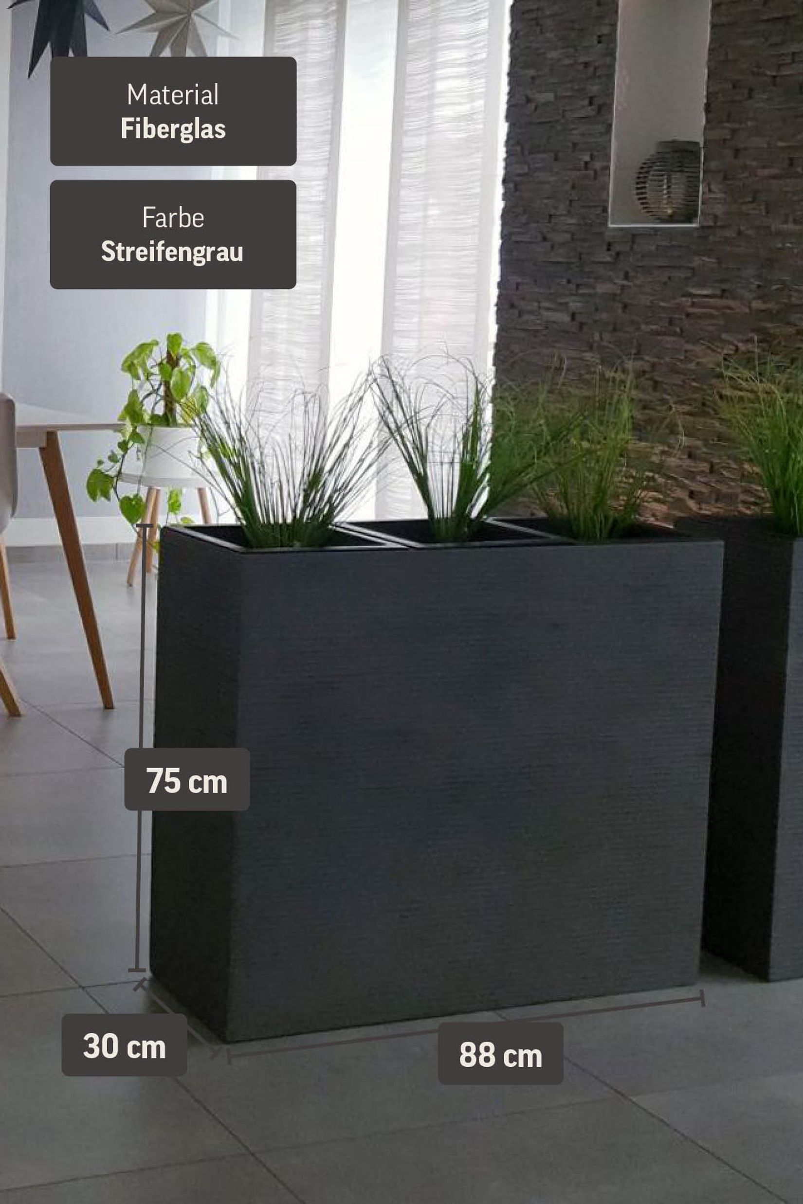 Pflanzkübel Raumteiler Fiberglas "Elemento", Grau Gestreift Pflanzkübel Raumteiler Fiberglas "Elemento", Grau Gestreift