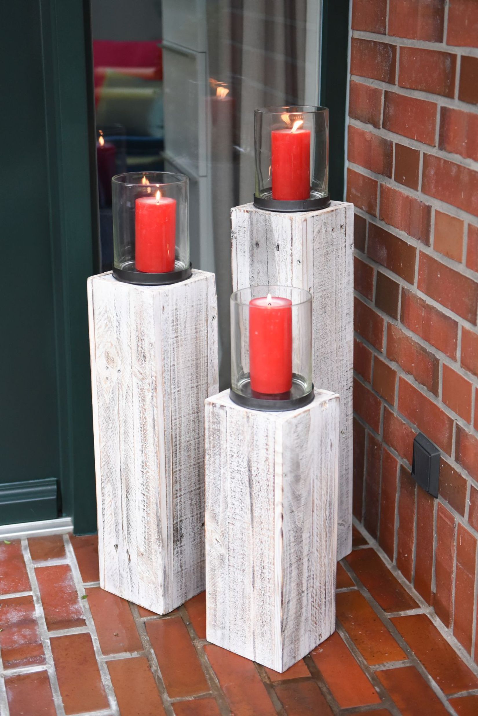3er Set Windlicht Säule Kerzenhalter Recycling Holz "Lumira", Shabby Chic Weiß