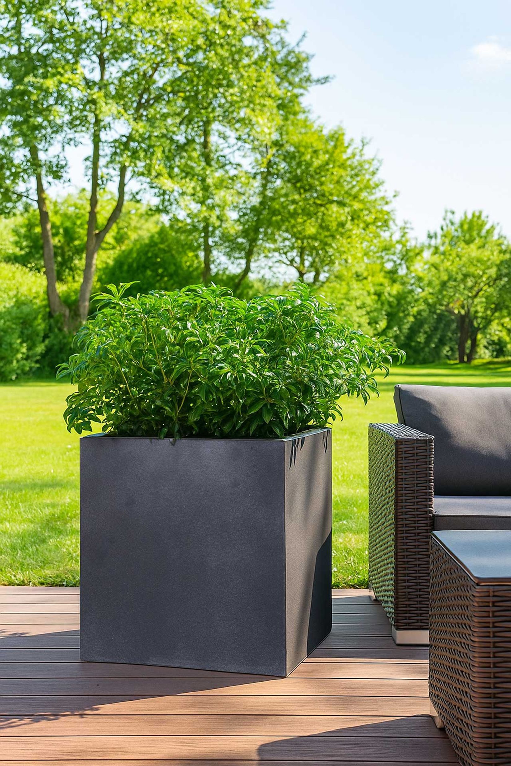 Pflanzkübel Blumenkübel Fiberglas Steinoptik "Block" Würfel, Anthrazit