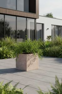 Pflanzkübel Blumenkübel Fiberglas "Block" Würfel, Beige gestreift