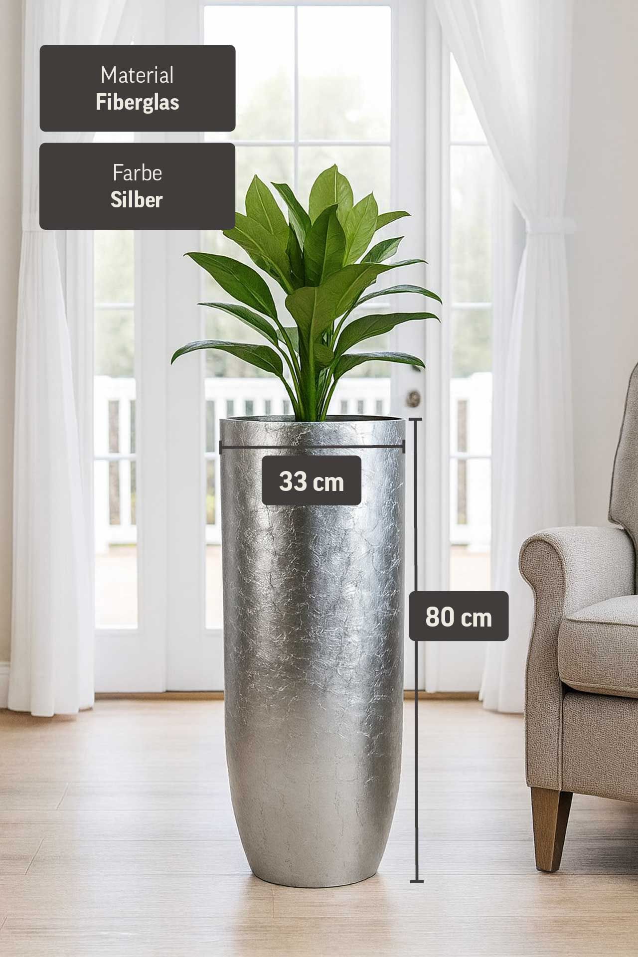 Pflanzgefäß Bodenvase SOLERIO Fiberglas Silber Hochglanz | 33x80 cm | 3803211980