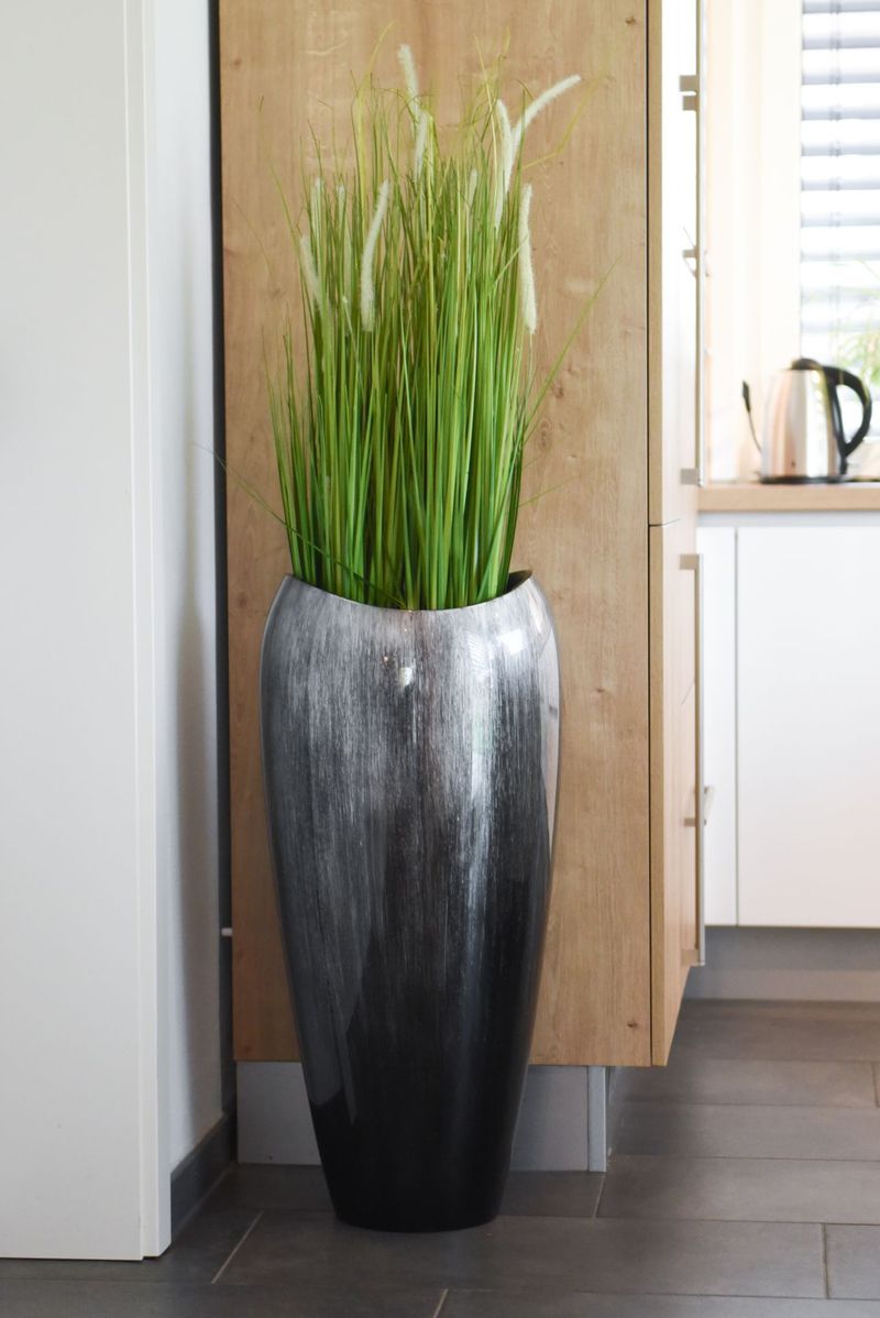 Bodenvase Fiberglas Deluxe Rund hochglanz Silber-Schwarz | 15511573781