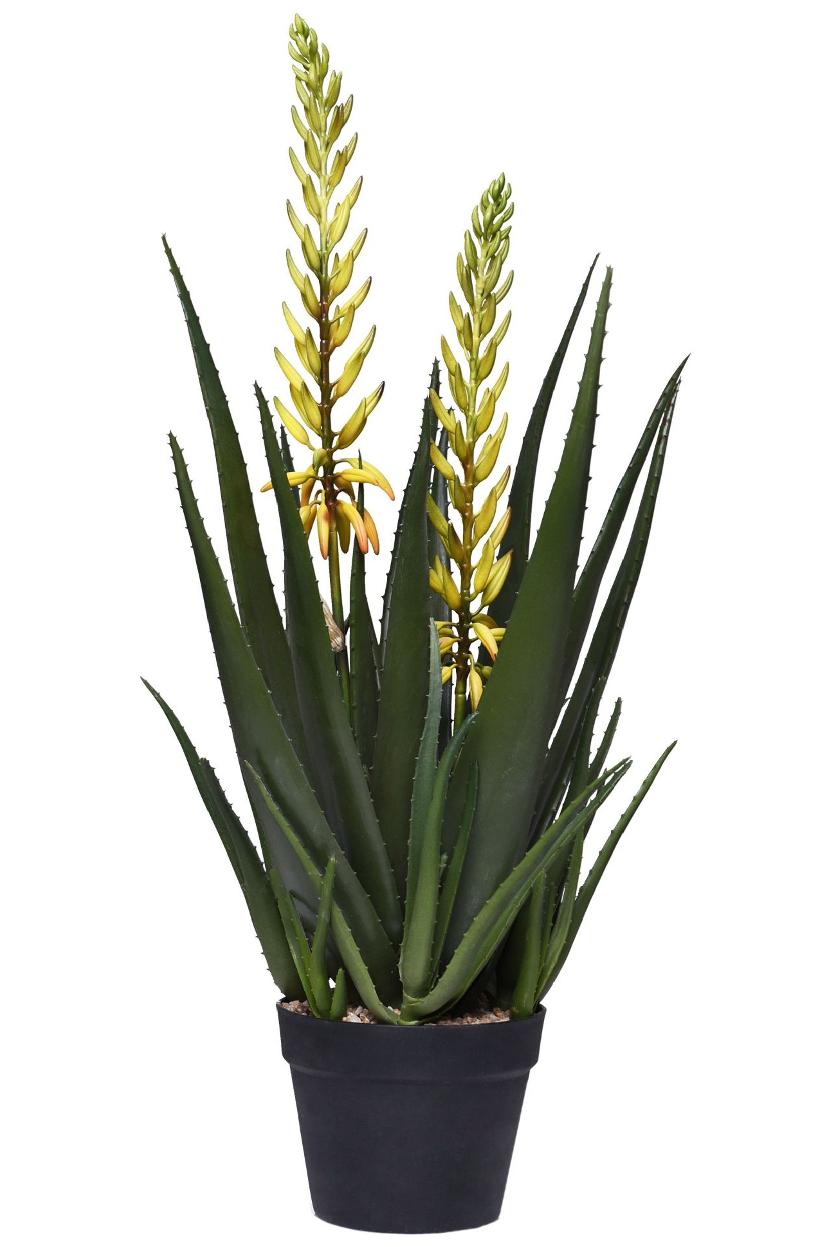 Kunstpflanze Aloe Vera mit Blüte im schwarzen Kunststofftopf LILLI 80 cm