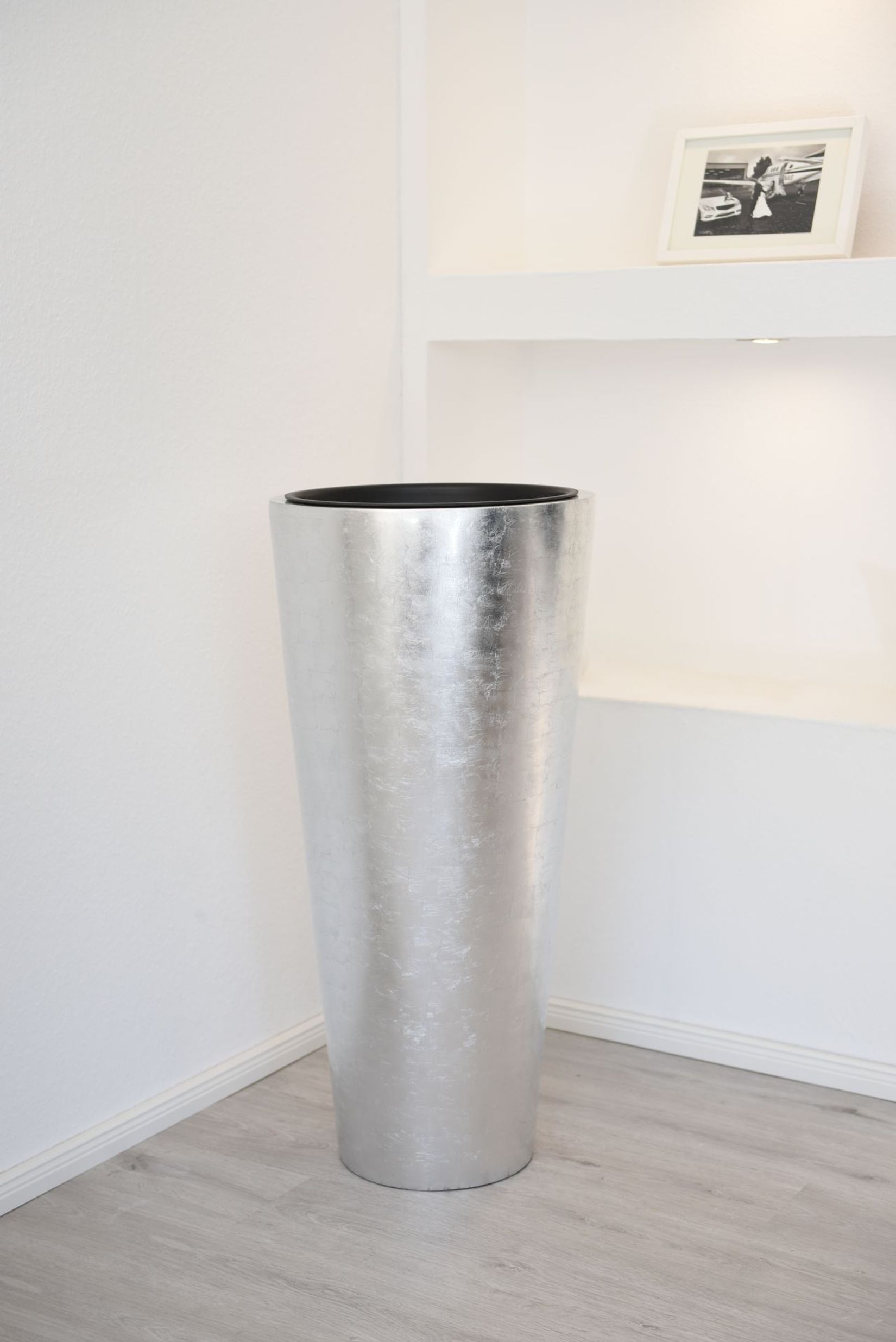Pflanzkübel Blumenkübel Fiberglas "Rondo Classico", Silber Hochglanz