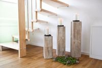 3er Set Windlicht Säule Kerzenhalter Recycling Holz "Lumira", Shabby Chic Weiß