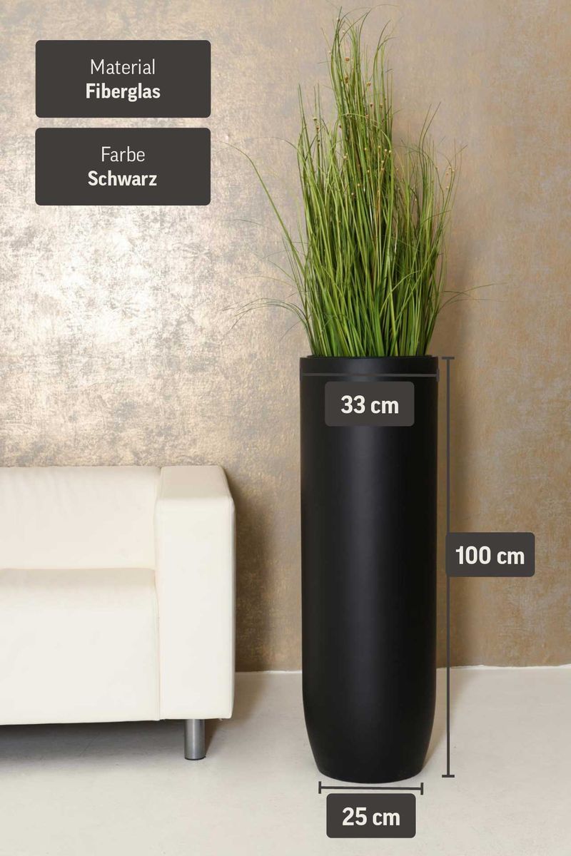 Pflanzgefäß Bodenvase SOLERIO Fiberglas Schwarz Matt | 33x100 cm | 310001103100