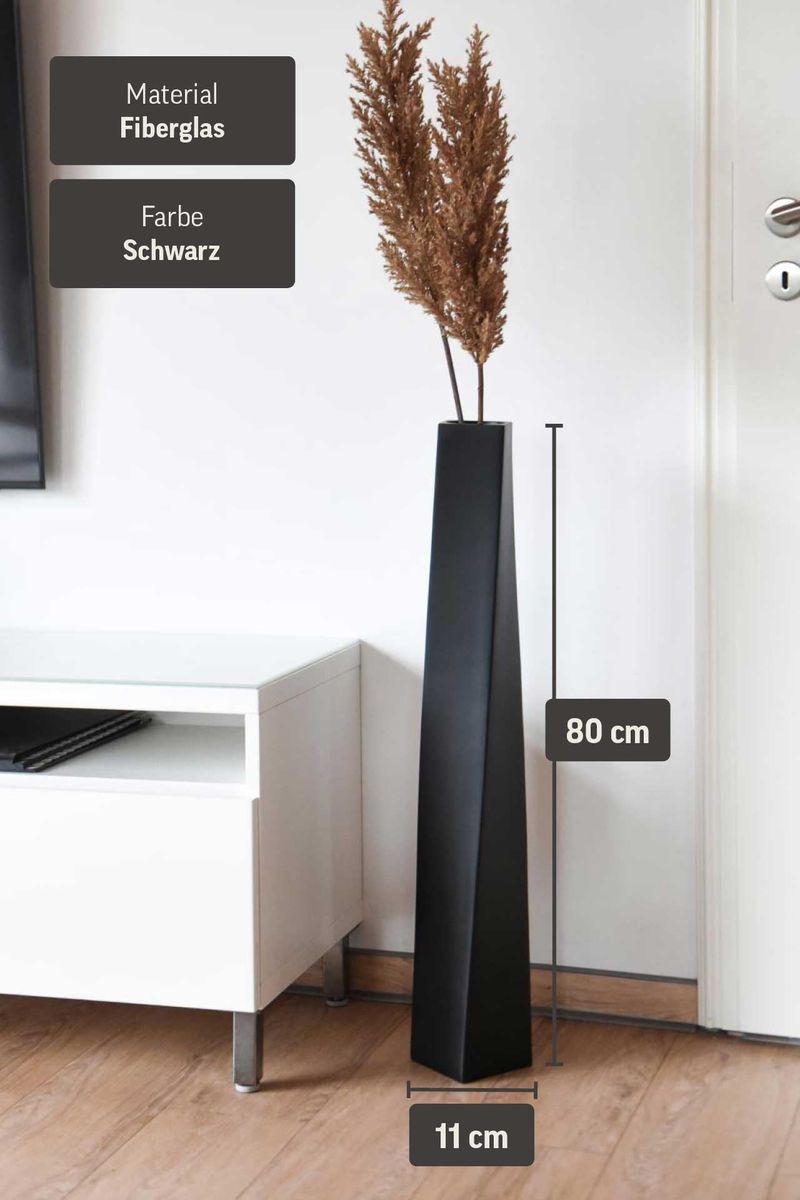 Bodenvase Standvase Fiberglas Schwarz Matt HYDRON | 11x11x80 cm | 410110380