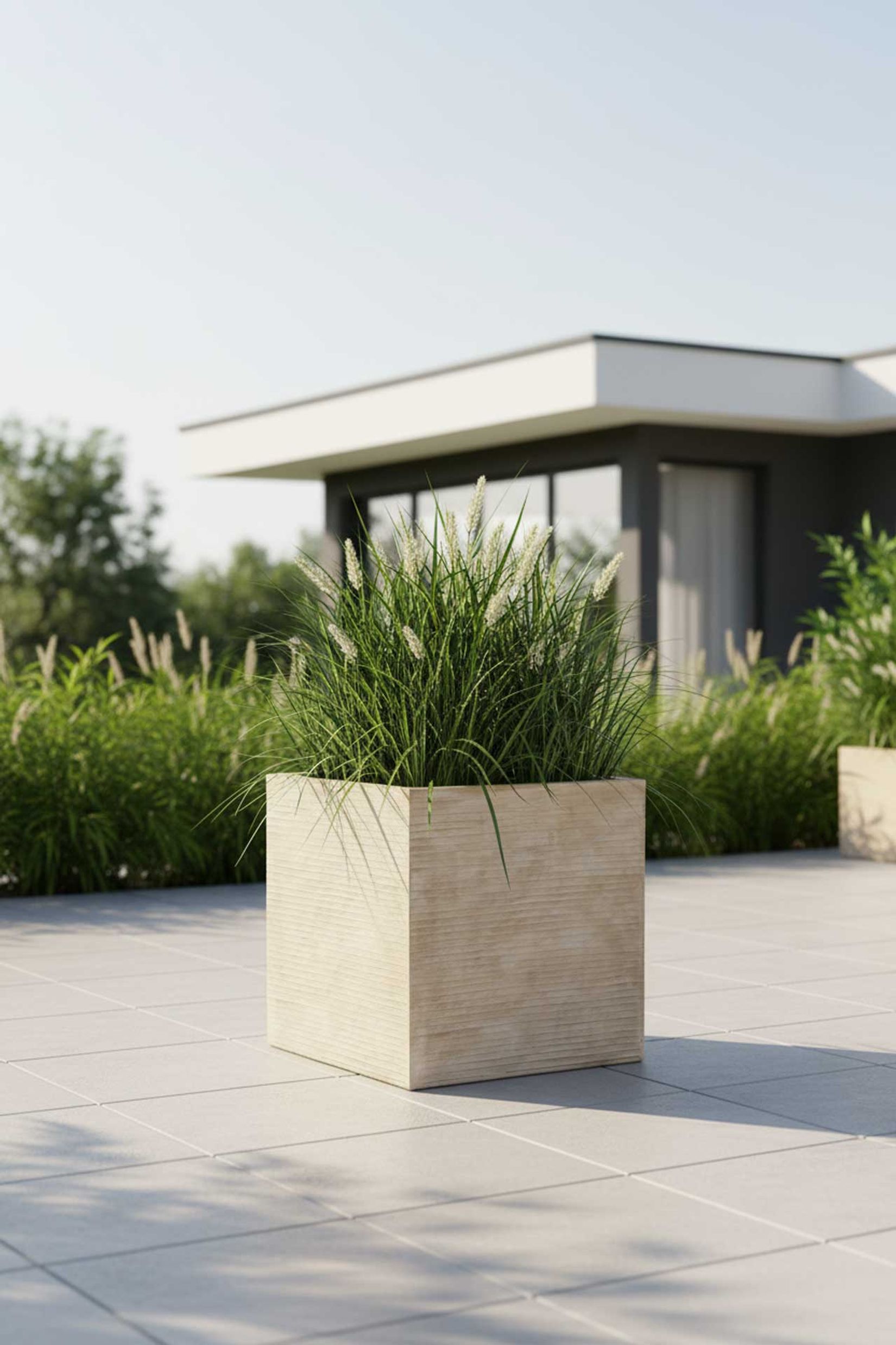 Pflanzkübel Blumenkübel Fiberglas "Block" Würfel, Beige gestreift