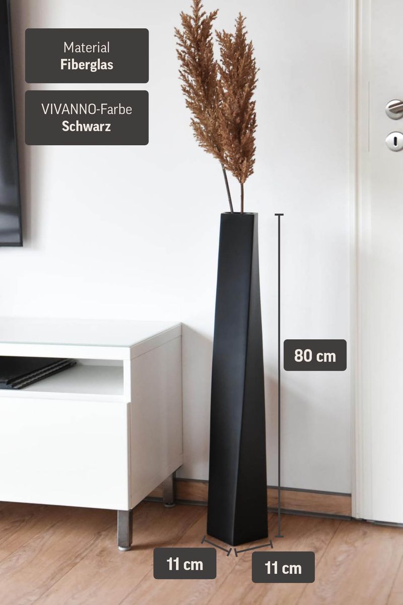 Bodenvase Standvase Fiberglas Schwarz Matt HYDRON | 11x11x80 cm | 410110380